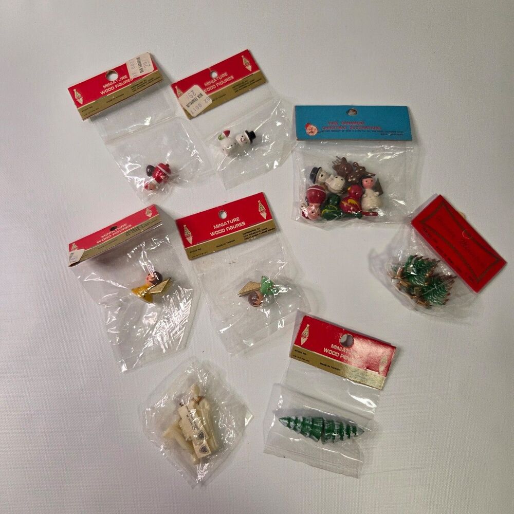 Vintage Mini Christmas Figurines Wood Christmas Trees Angels Snowmen Santa Birds